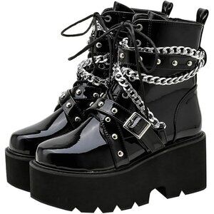 ✨Women's Black Patent Ankle Boots Chunky High Heel Lace Up Combat Punk Booties